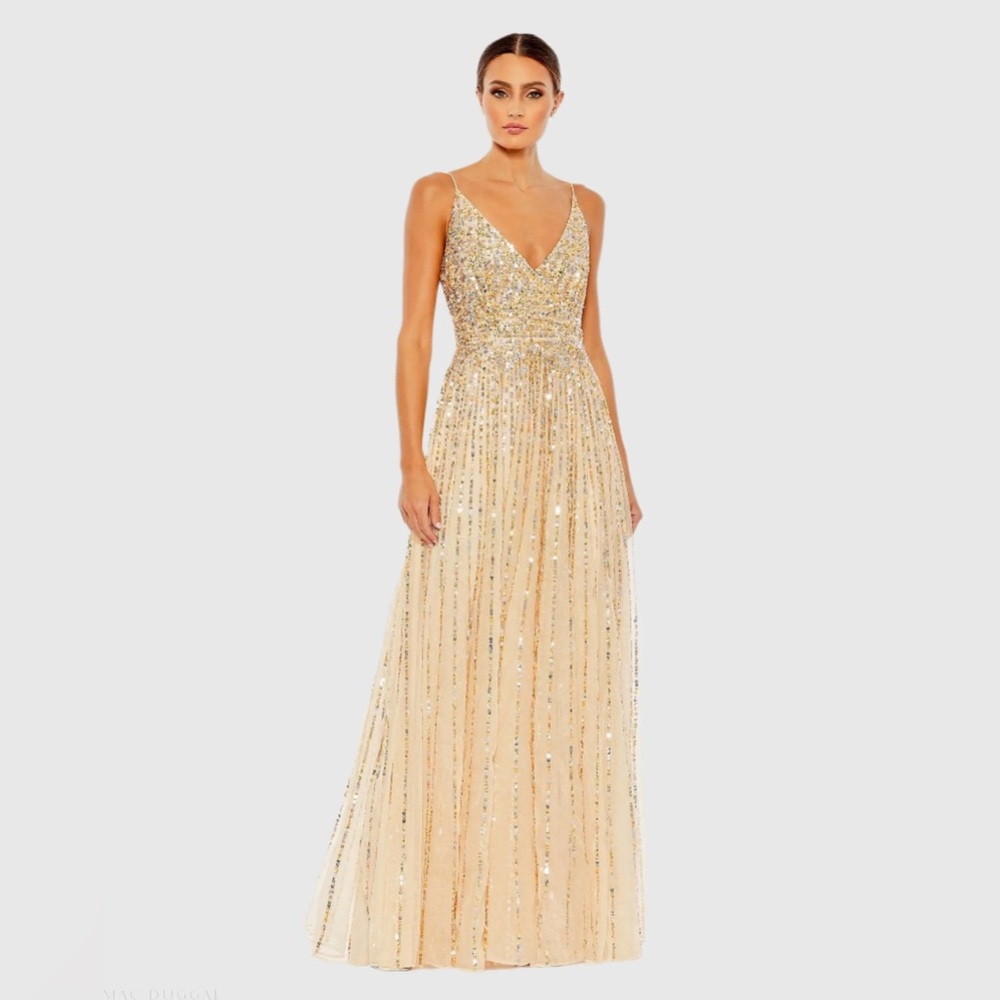 MAC DUGGAL  Beige Sequined Sleeveless Wrap Over A Line Gown